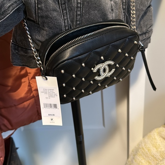 NWT Black Rebecca Minkoff diamond quilt silver studded top zip crossbody bag - Picture 5 of 14